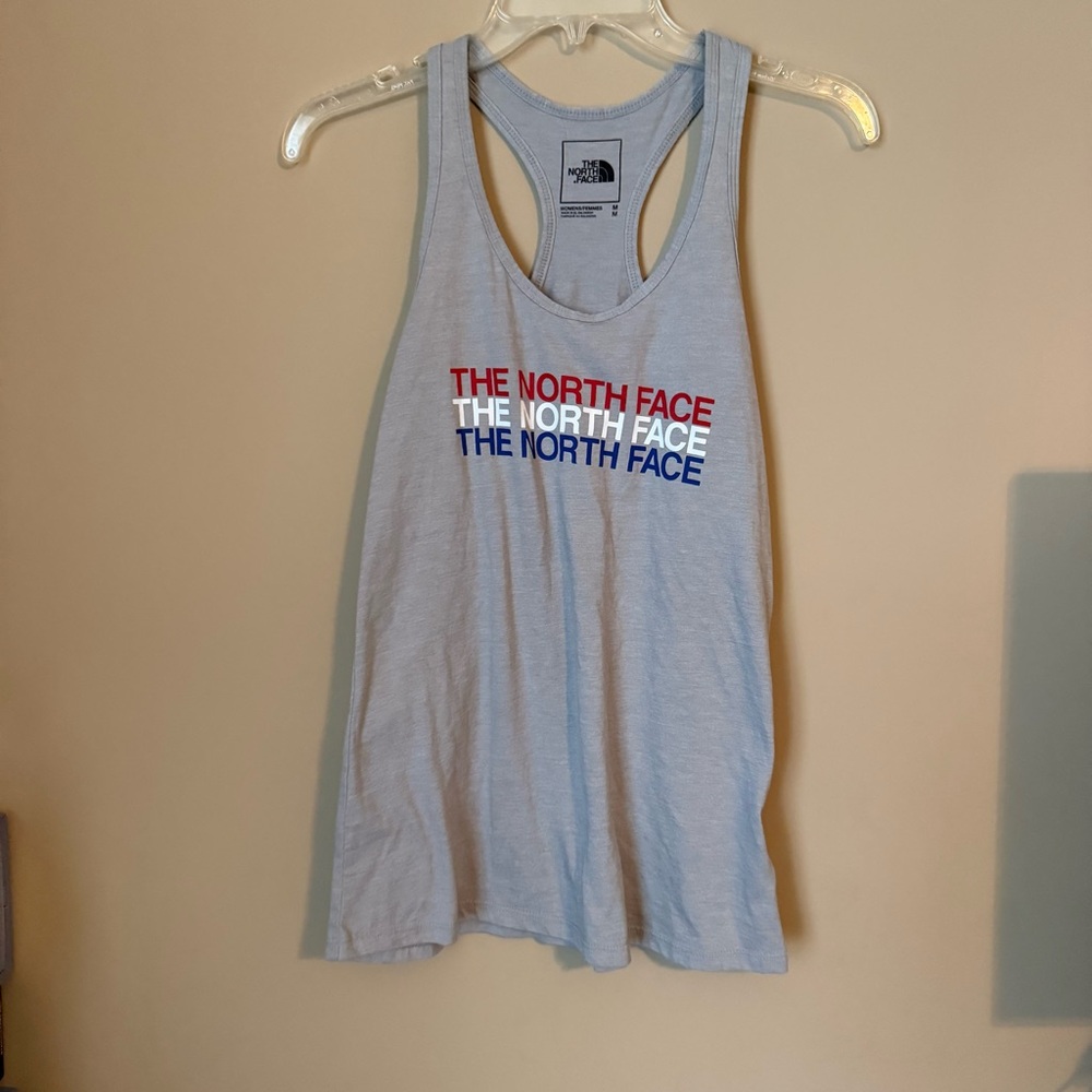The North Face Women's Light Gray Tank Top with Red, white and Blue Logo medium